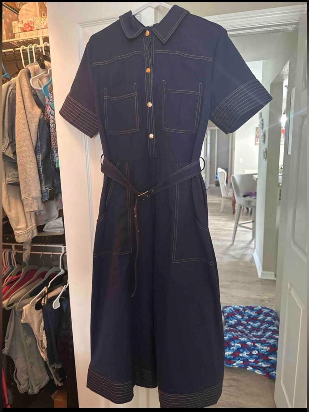 Vintage Inspired Blue Midi Shirt Dress | Elegant Collared Button Front Belted - Picture 6 of 6